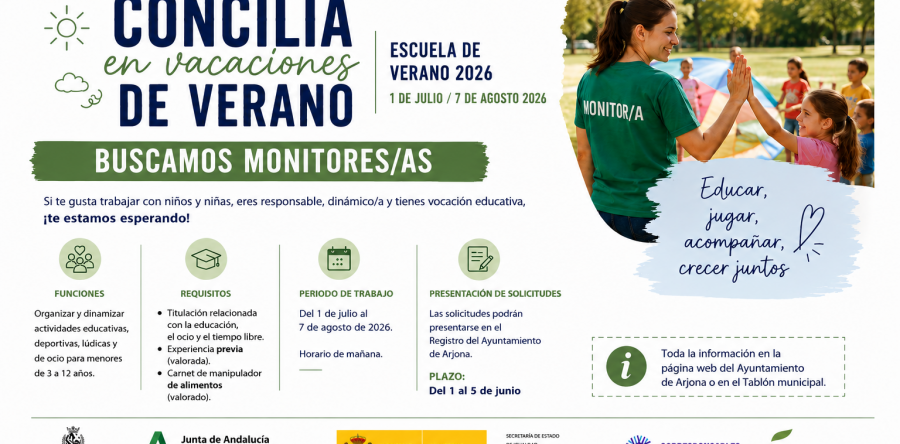 El Ayuntamiento de Arjona abrirá en los próximos días el plazo para la selección de monitores/as para el Programa “Concilia en Vacaciones de Verano – Escuela de Verano 2026”
